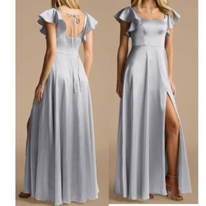 Azazie Women's Smooth Satin Dress Chiffon Gown Formal Bondi Silver Size 8 $119